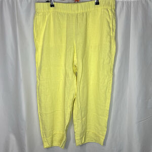 PURE J JILL Women’s Yellow Elastic Waist Cropped Wide Leg Pants Sz L 100% Linen